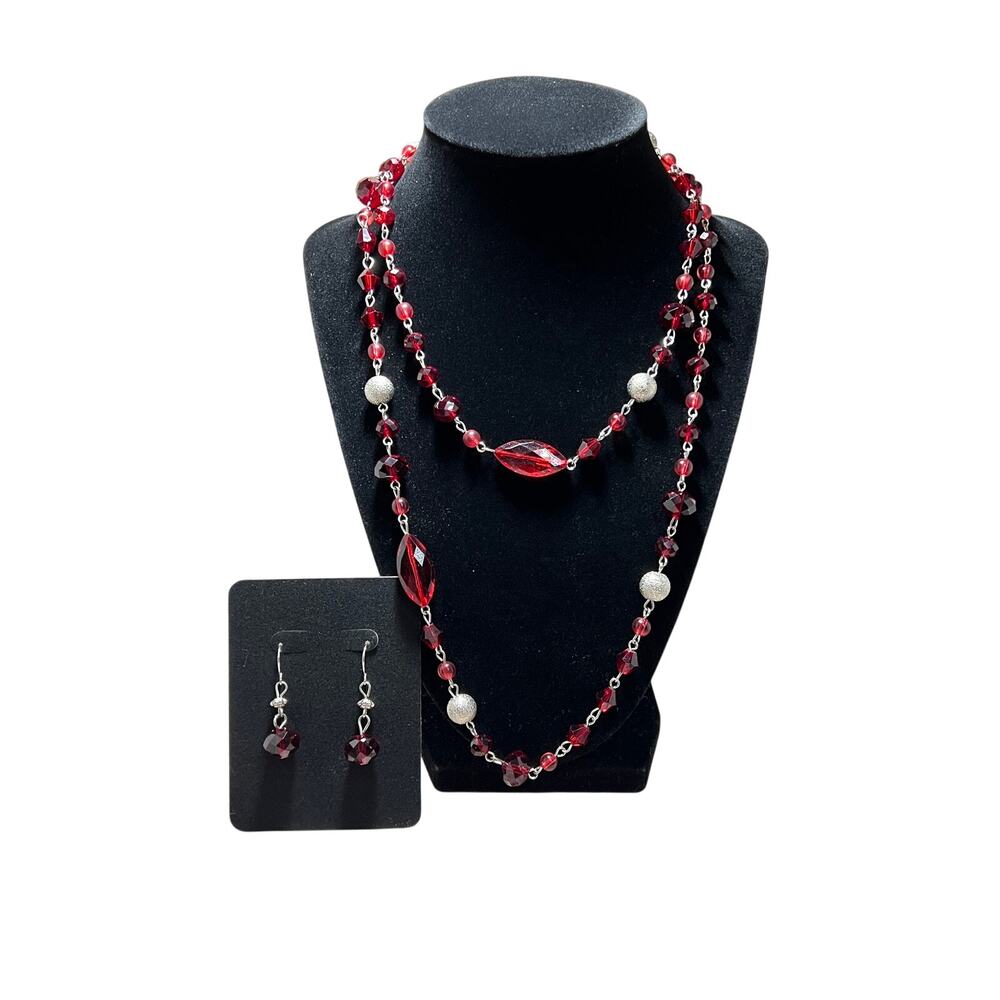 Red Faceted Bead Necklace Earrings Set Silver Tone Layered Statement Jewelry